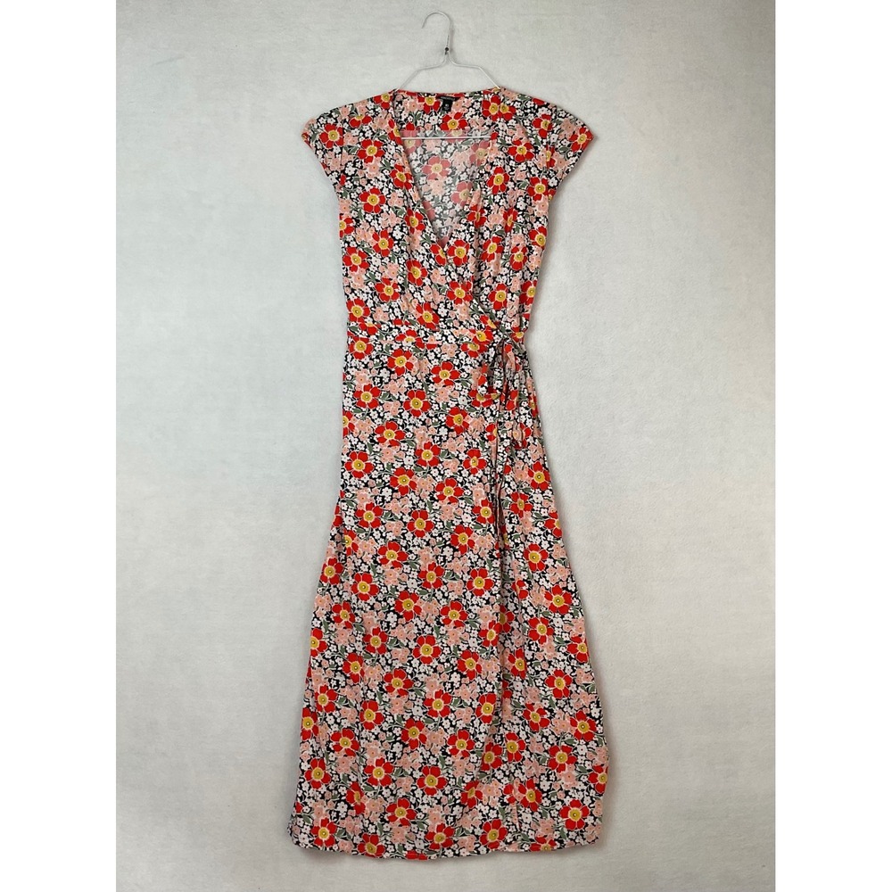 J.Crew Mercantile Red Floral‎ Wrap Midi Dress Cap Sleeve V-Neck XS